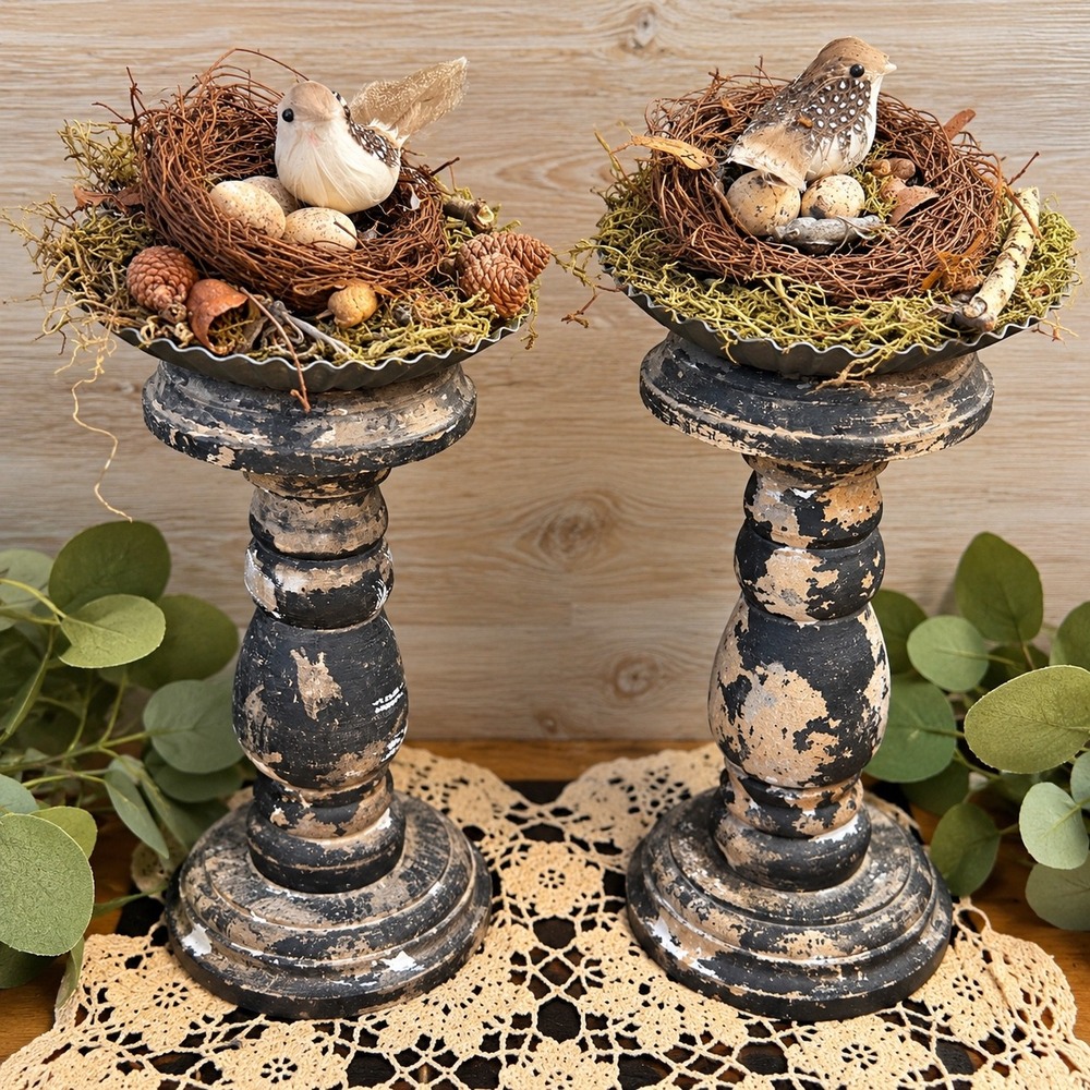 Pair Handcrafted Bird Nest Pedestal Decor French Country Cottage Vintage Style
